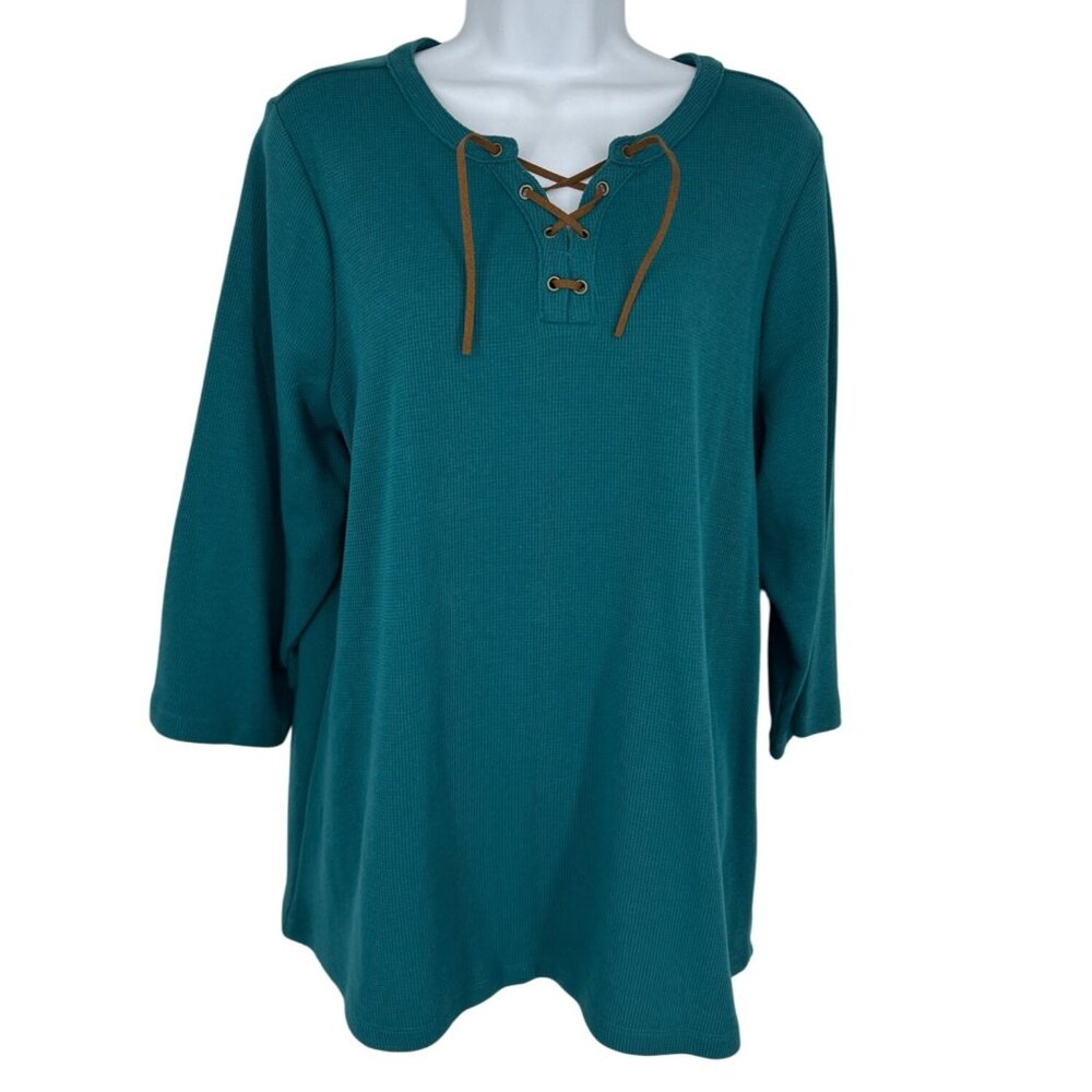 D&Co Womens Teal Waffle Knit Lace-Up Neck 3/4 Sleeve Top Size 1X